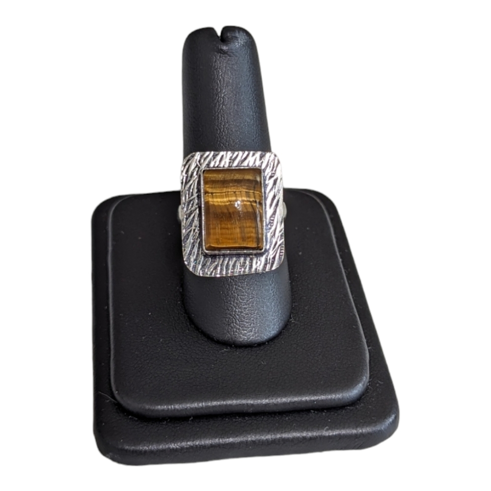 Tiger Eye Stone Ring in Rectangle 925 Sterling Silver Overlay Setting, Size 8